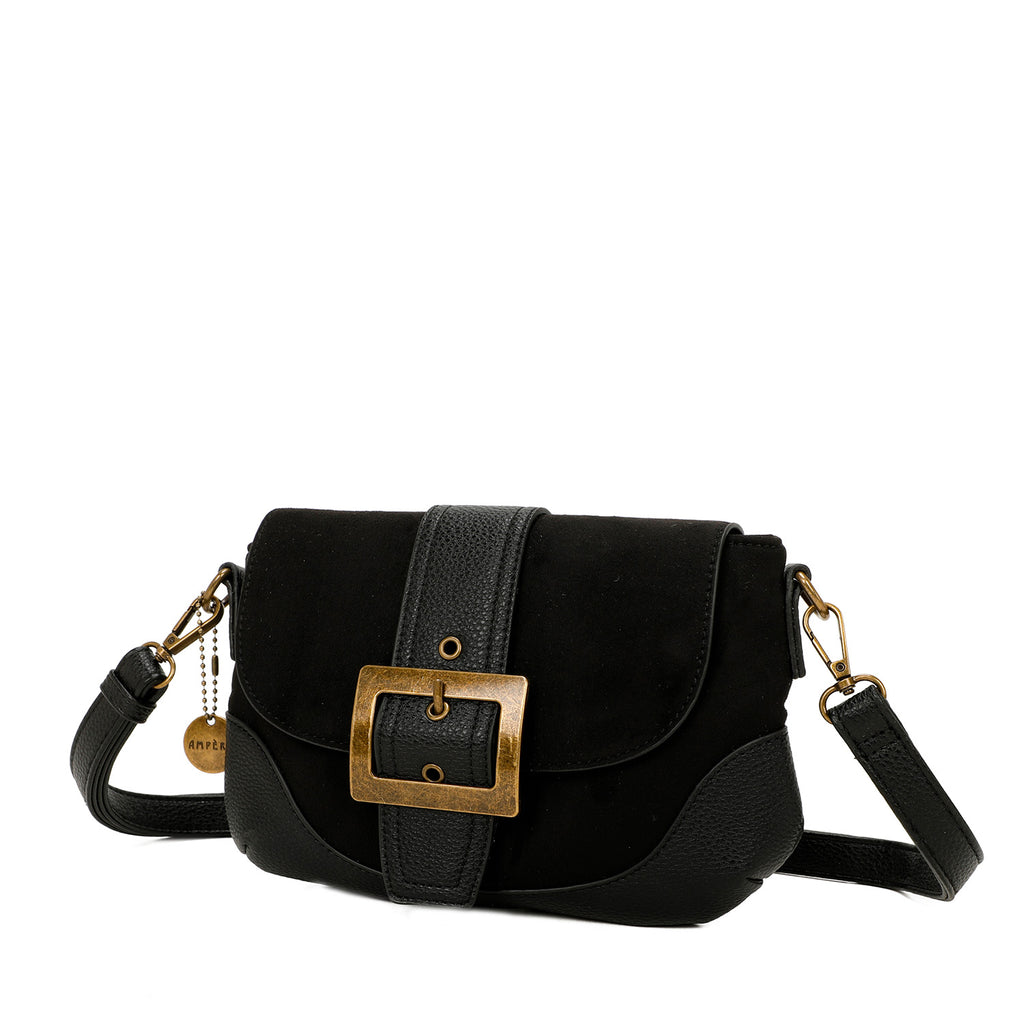 Serena Vegan Leather Faux Suede Flap Over Crossbody Bag Black