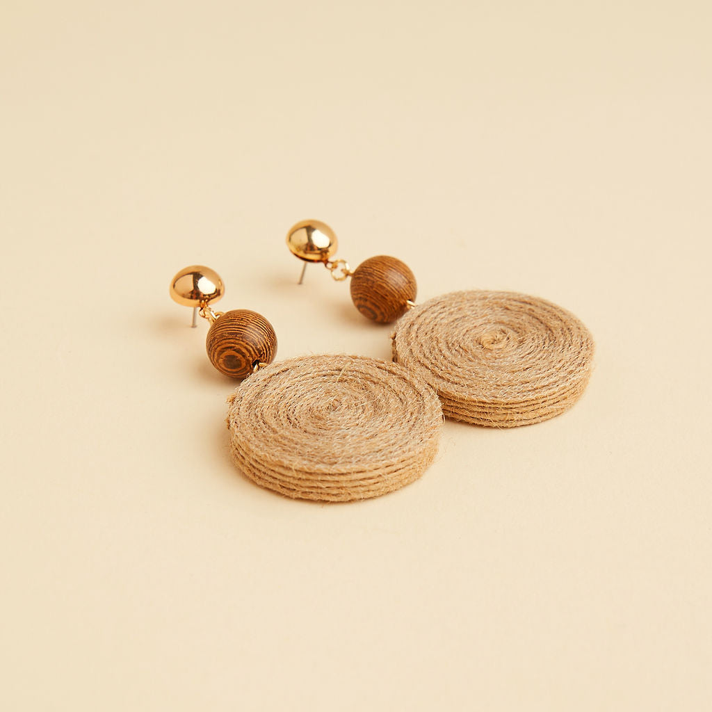 Round Jute Pendant Wooden Beads Earrings
