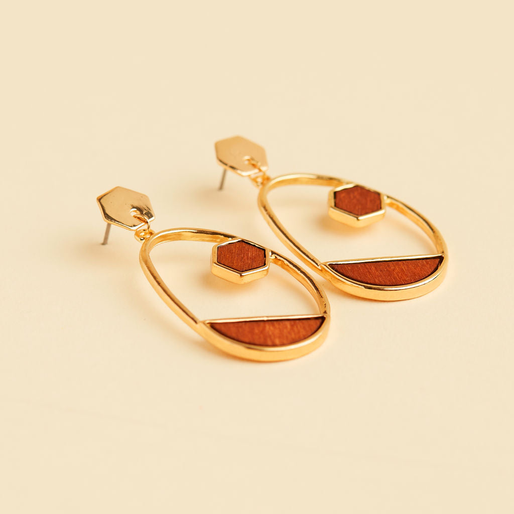 Oval Hoop Gold and Wood Faux Earrings